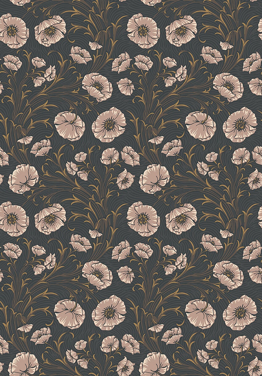 Poppy Flow, blommor på brun botten