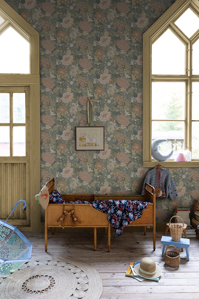 Växa, blågrå, grön och rosa tapet