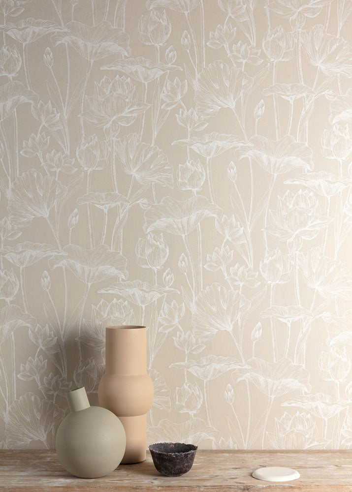 Lotus linen, tapet i beige och vit