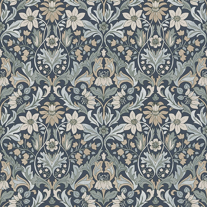 Blomsterfröjd, blå, vit och grön tapet