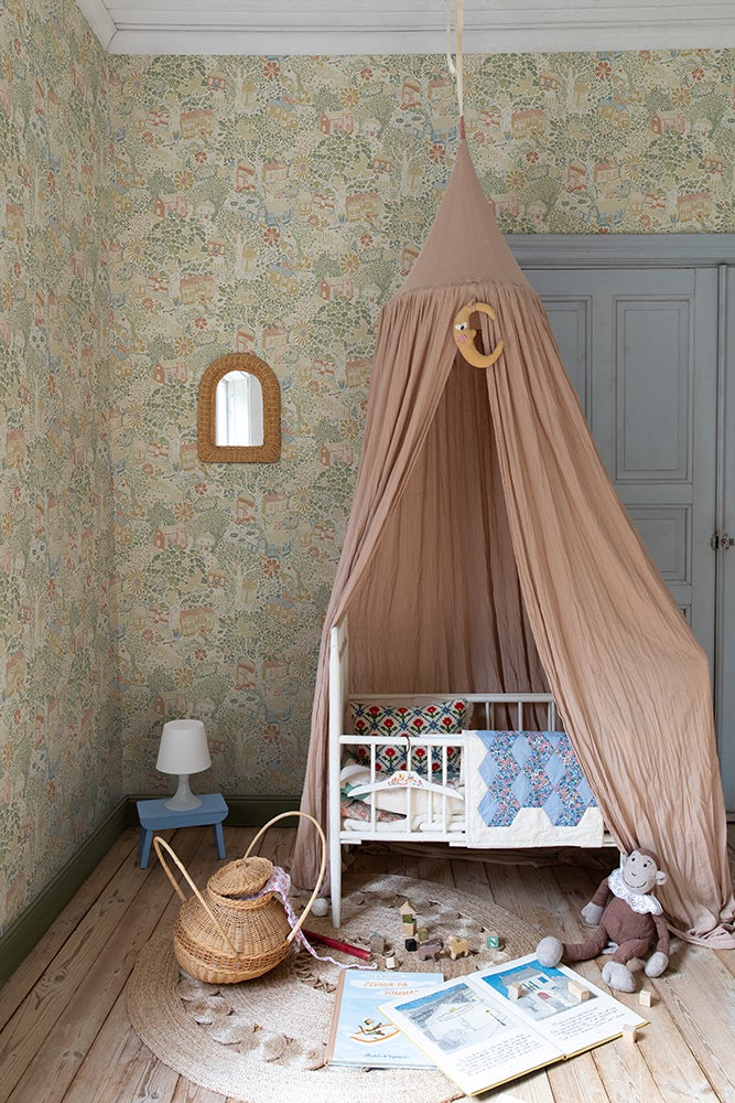 Bygga Bo, grön, gul och roströd tapet