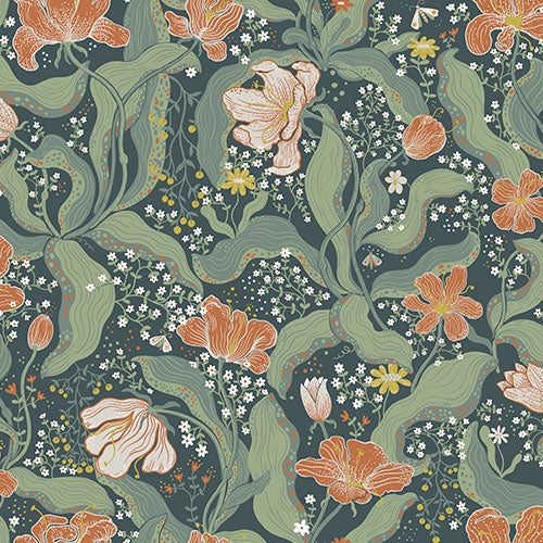 Bodri blommor och blad i grönt och orange