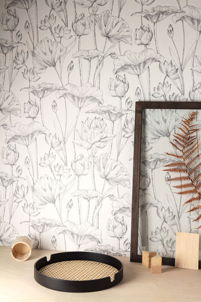 Lotus black, tapet i vit och svart