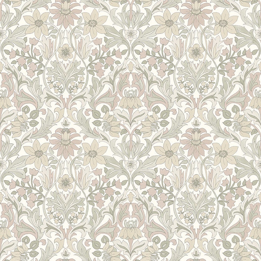 Blomsterfröjd, vit, beige och grön tapet