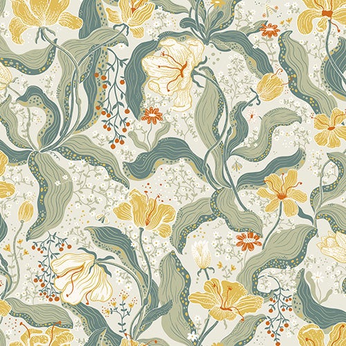 Bodri blommor och blad i grönt och gult