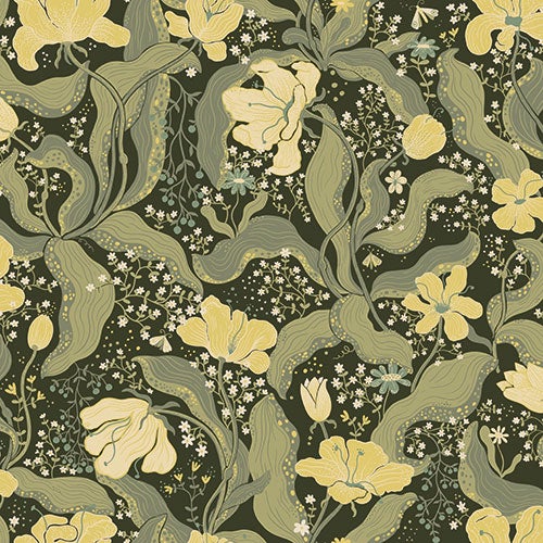 Bodri  blommor och blad i gult och grönt