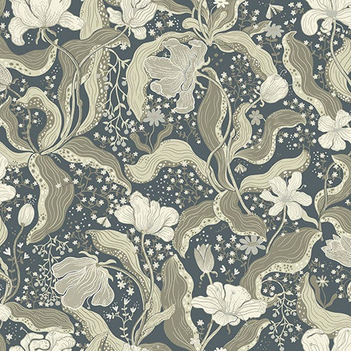 Bodri blommor och blad i grått och beige